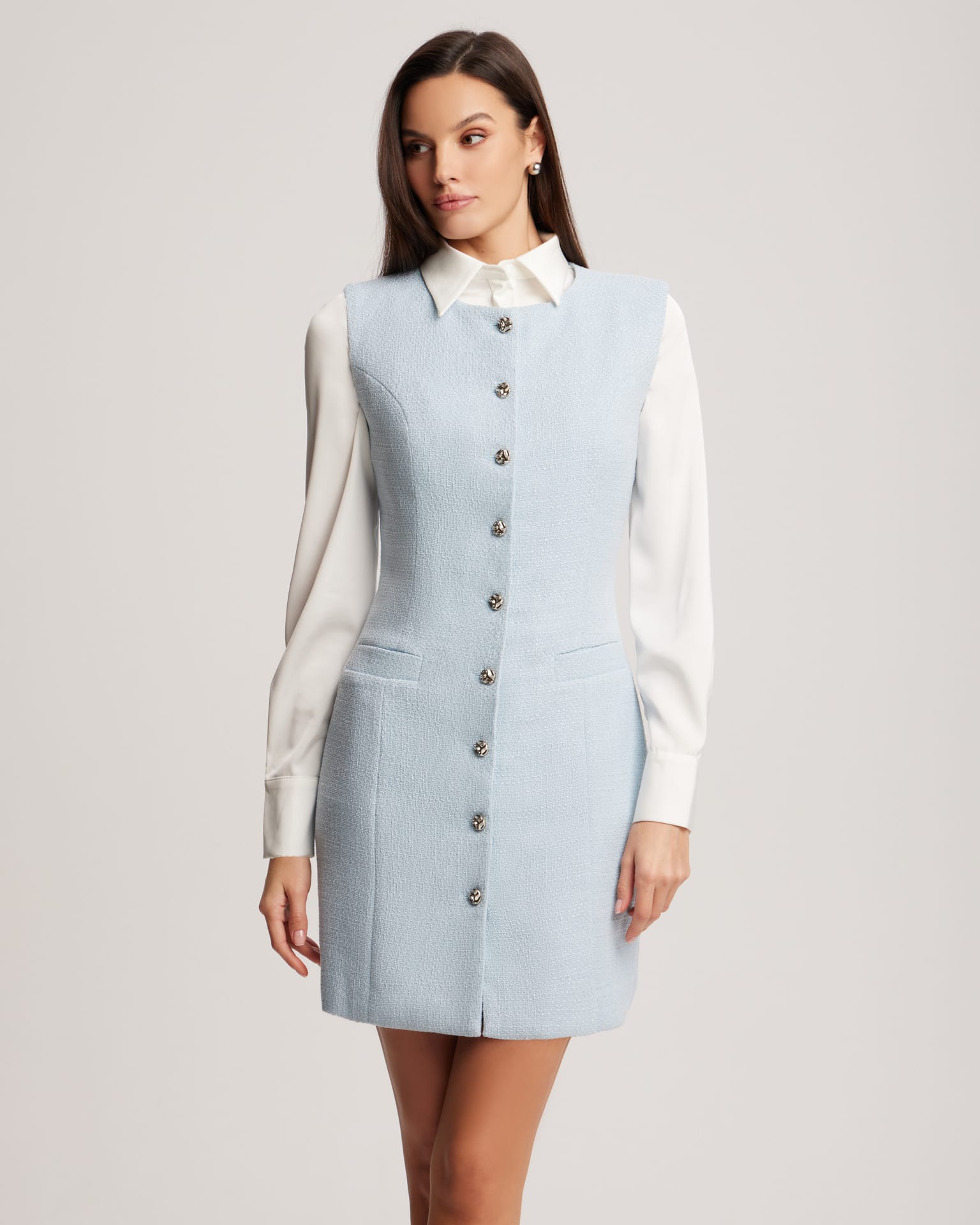 Твидовое голубое платье