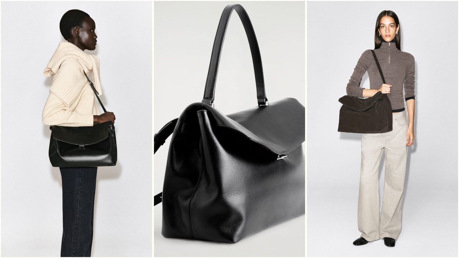 Сумка COS Trullo Flap Bag из чёрной кожи и коричневой замши: на моделях и отдельно