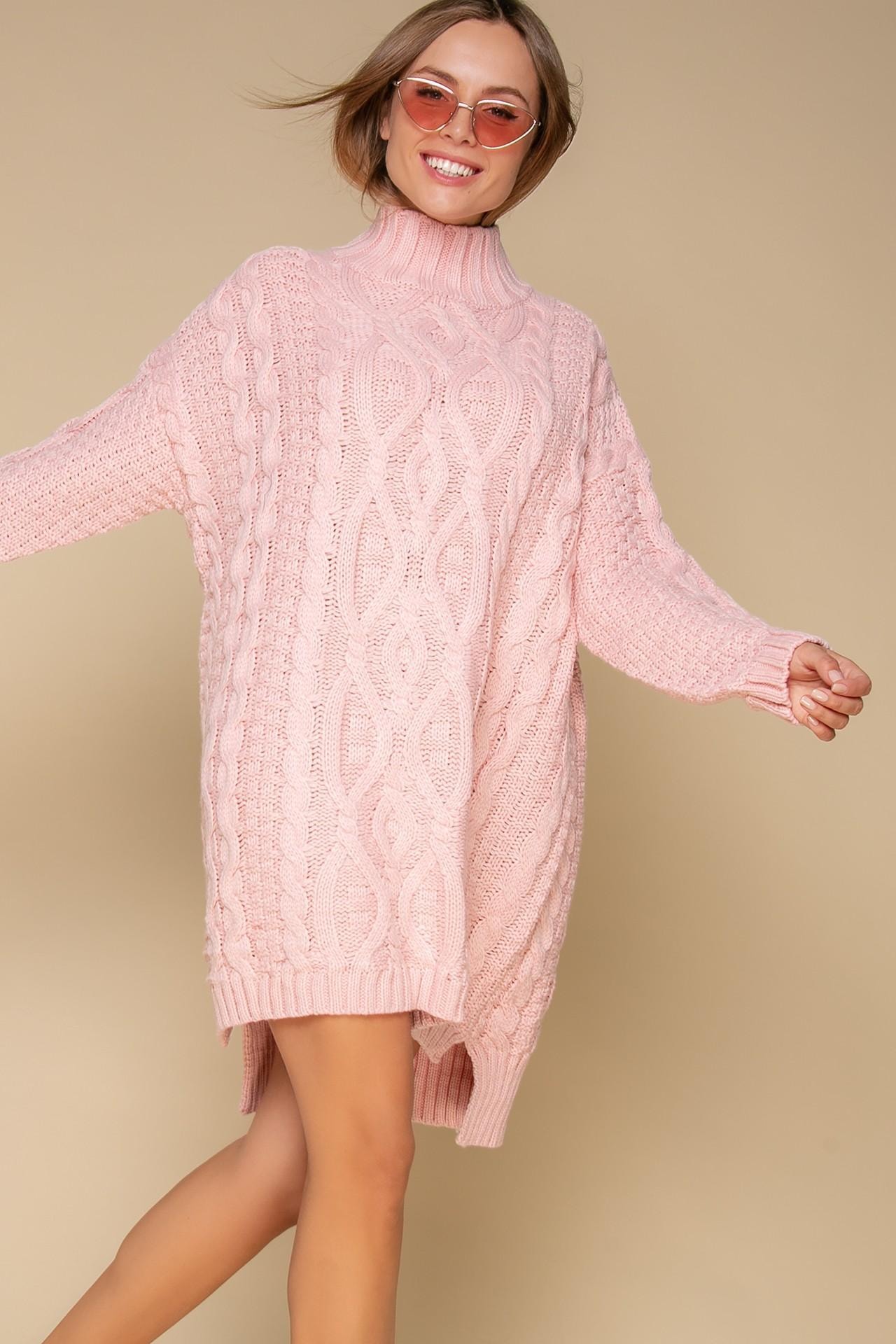 Уютное платье-свитер кроя oversize с удлиненной спинкой, Розовый — фото 4