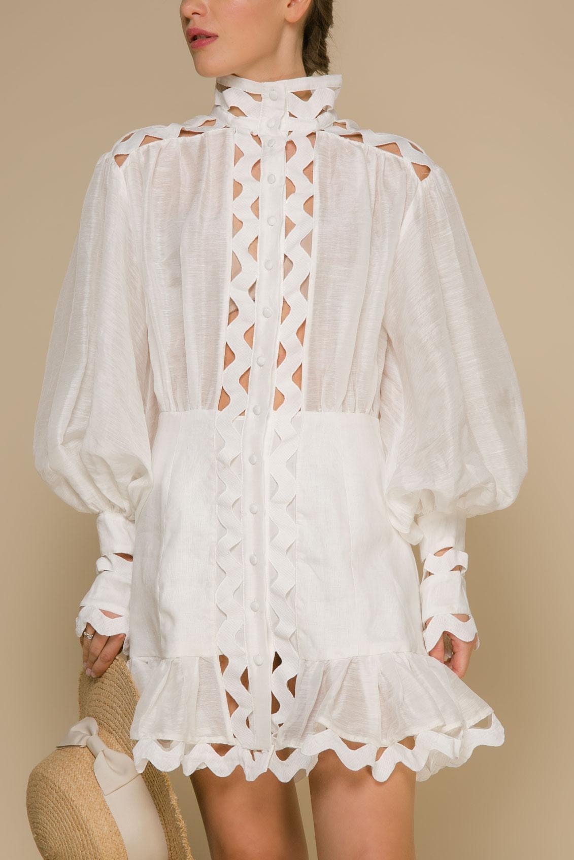 Платье с пышными рукавами, Белый — фото 4