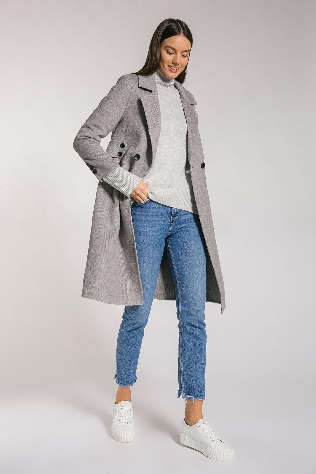 Базовое пальто из мягкой шерсти и широкими лацканами , Серый — фото 3
